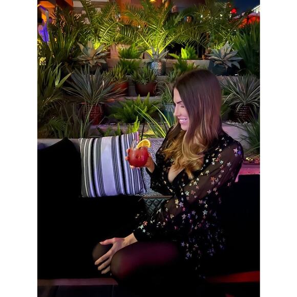 YUMI KIM Black Chiffon Metallic Star Print Blouson Sleeves Scarlett Star Dress 8 - Picture 14 of 15